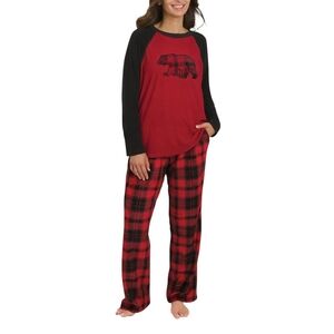 NEW Eddie Bauer Women PJs Lounge Pajama 2-Piece Set Bear Red Plaid Fleece L, XL